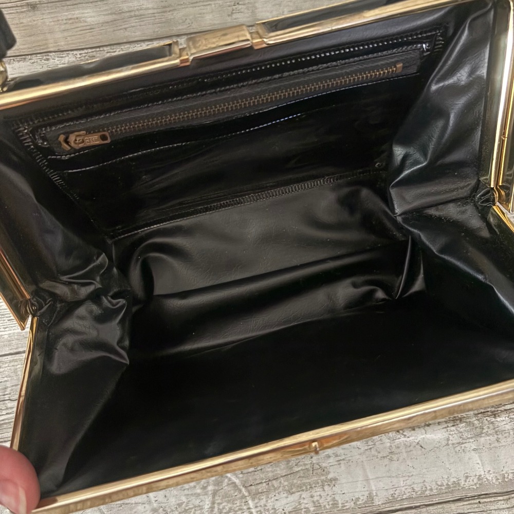 VTG 60s Top Handle Purse Bag Glossy Black Vinyl Framed Kelly Style Retro Classy - Picture 9 of 11